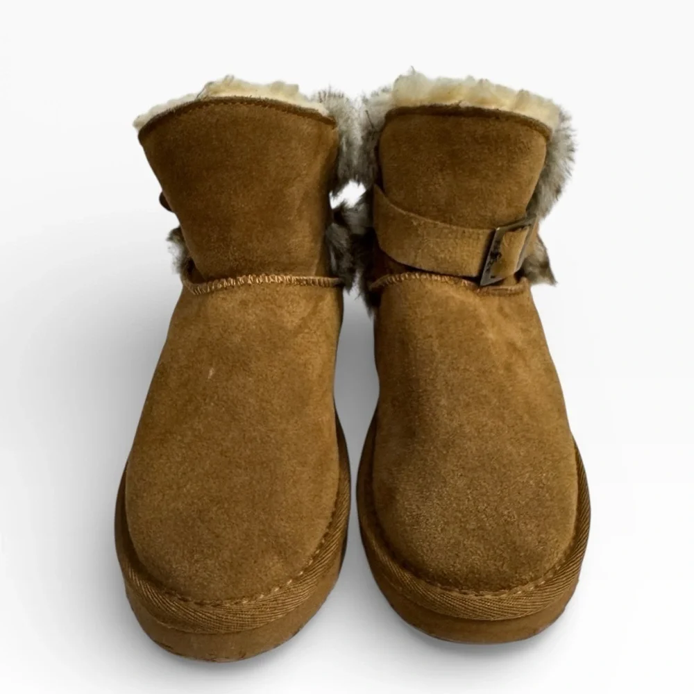 Paws by Bearpaw Chestnut Suede Shorty Boots Fur Lined Buckle Kids US 13